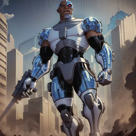 full body image, dc comics, cyborg victor stone, black man, cyborg cannon arm, shoulder rocket launchers, in battle pose, giant ...