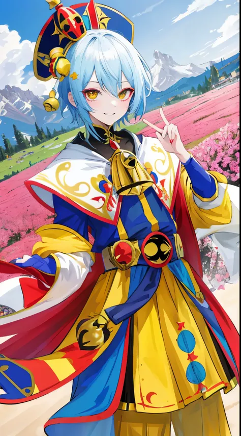 Masterpiece, best quality, 1boy, Arlecchino from Genshin Impact as the focus, solo, comic relief character, yellow mask, checkered outfit, bell, white jester hat, red and blue clothes, mischievous smile, (landscape background: 1.3), (close-up: 0.8)

Detail...