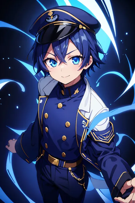 Anime Boy, dark blue hair, blue eyes, navy blue hat, thick white jacket with extended sleeves navy blue shirt, blue pants, black shoes, dark cave background, insane expression, bright, smiling, dark, close-up portrait, standing position