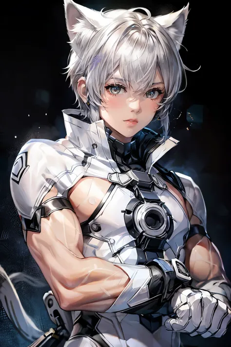 young boy, sweating, cat ear, silver hair, fit body