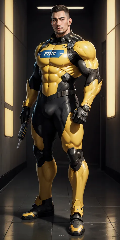 Tall giant muscular police officer，Yellow-gray honeycomb network pattern nano mecha，honeycomb pattern，Lightweight texture，character concept（Resident Evil - chris redfield，chris redfield）senior police officer，small grid texture，regular symmetrical texture p...