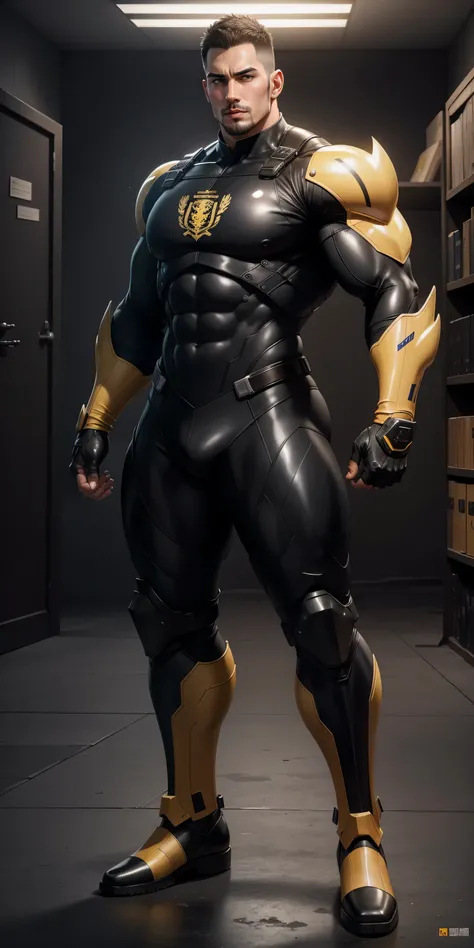 Tall giant muscular police officer，Yellow and black honeycomb network pattern nano mecha，honeycomb pattern，Lightweight texture，character concept（Resident Evil - chris redfield，chris redfield）senior police officer，small grid texture，regular symmetrical text...