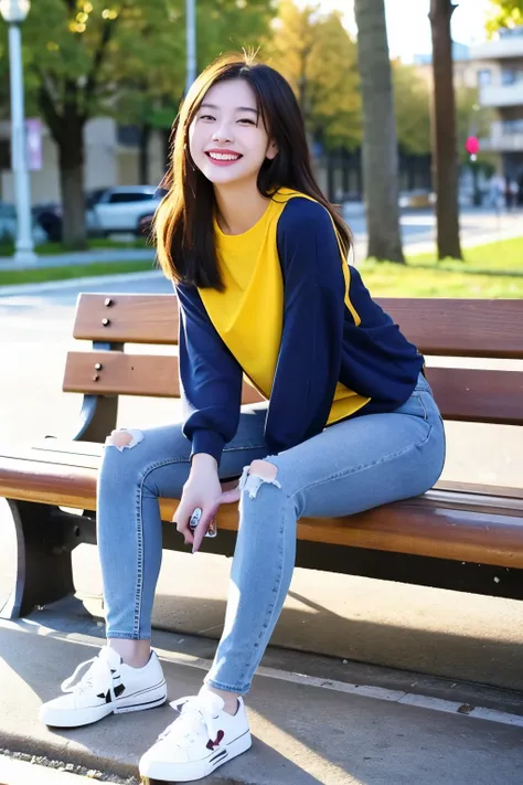 ((highest quality)), A neat and beautiful woman sitting on a park bench、long sleeve blouse、skinny denim、sneakers、Color Socks、smile、smiling showing teeth、full body photo