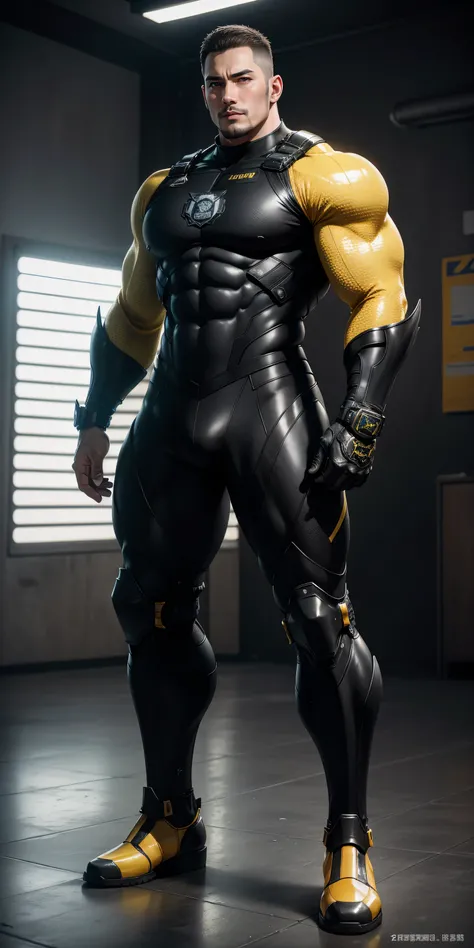 Tall giant muscular police officer，Black and yellow honeycomb network pattern nano mecha，honeycomb pattern，Lightweight texture，character concept（Resident Evil - chris redfield，chris redfield）senior police officer，small grid texture，regular symmetrical text...