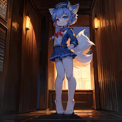 fox girl，female focus，Furry women，Characteristics of a three-year-old girl，Furry loli，One meter six height，blue pupils，Bright Eyes，Smile，Sailor suit，sailor hat，short skirt，Standing posture