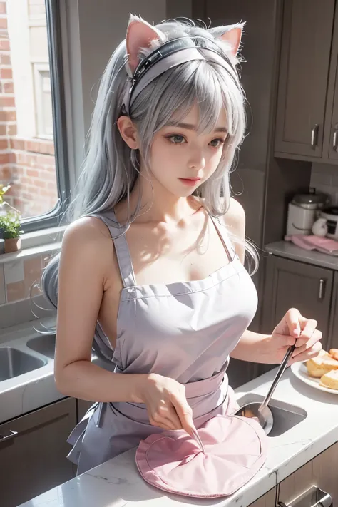 Silver hair, hair bang, cat ears headband, shining hair, skin pores, shining skin, pink apron, in kitchen lovely, beautiful