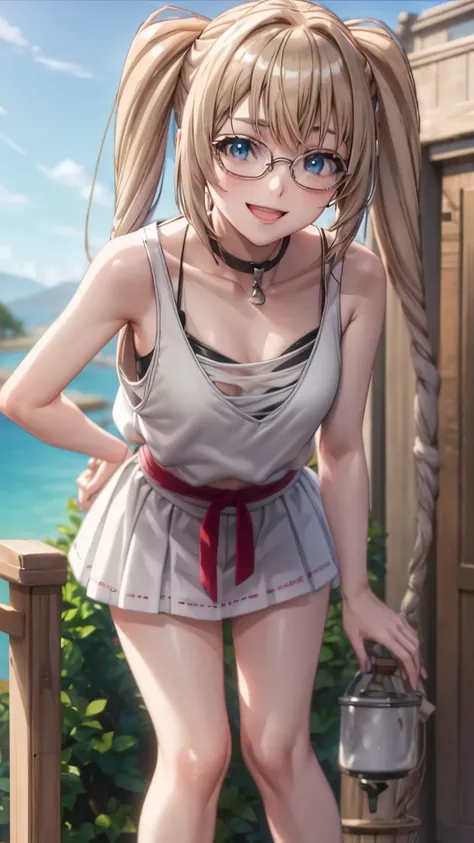 1 female,12 years old,blonde,(miniskirt and big white tank top, (crowd), , natural smile,,frameless eyeglasses,(((leaning forward)))