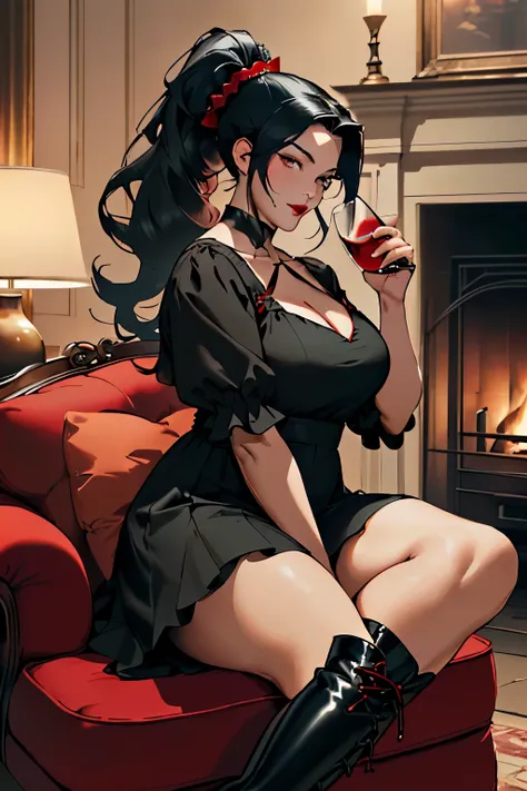 (High-quality image: 4k, 8K, best resolution, masterpiece: 1.1), A plus-size woman ((black hair tied up with a high ponytail, model plus size, shiny castanet eyes, red lips)) is wearing ((a black and red princess gown with a high-waisted petticoat, a tall ...