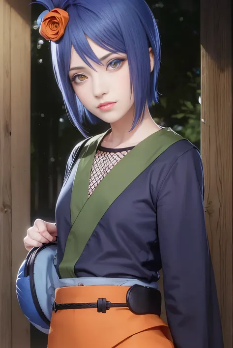 konan, konan, blue hair, (orange eyes:1.5), short hair, hair ornament, flower, hair flower,
break fishnets, japanese clothes, sk...