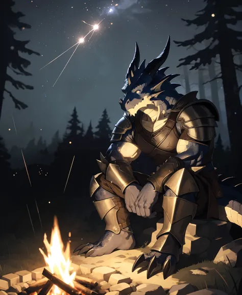 solo, kemono, (dragon), anthro, male, ((black body)), scales, tail, muscles, handsome, armor, medieval, fantasy, outdoors, outside, dark, night, forest, campfire, camp, stars, sitting, toe claws, epic, depth of field, perfect lighting, (light particles),(b...