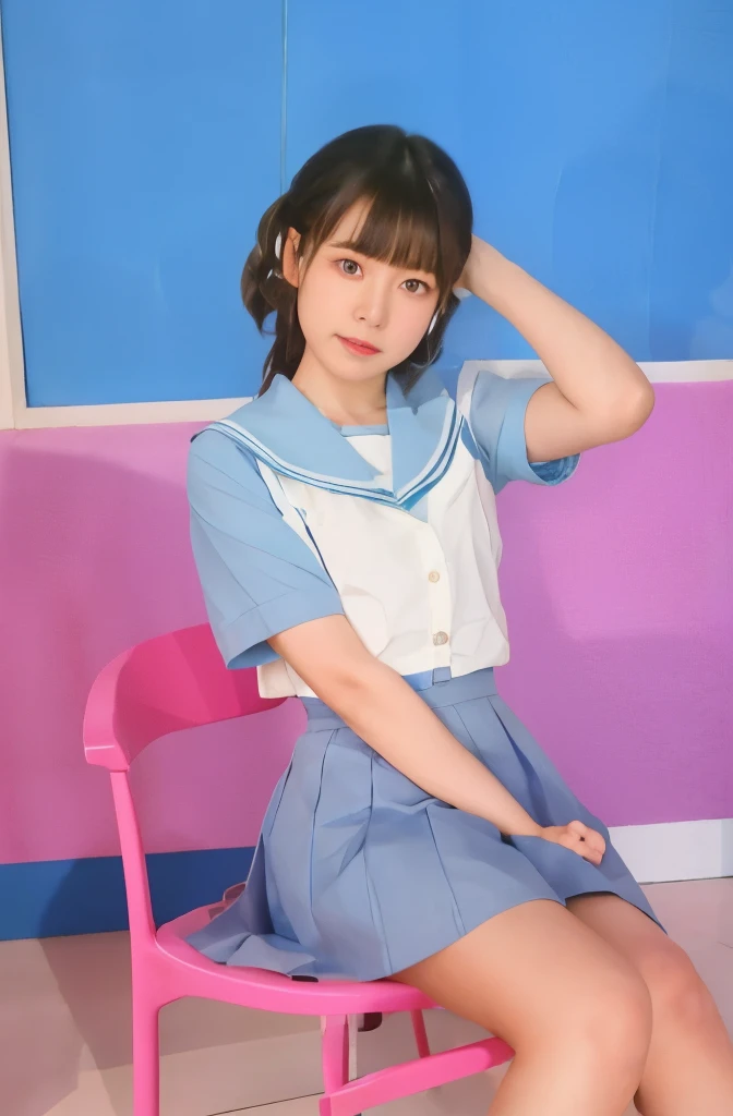 A woman in a blue shirt sits on a pink chair, young gravure idol, aoshima Chiho, narumi kakinouchi, Young and cute gravure idol, seifuku, realistic young gravure idol, Chiho, motto hole, rei hiroe, sakimichan, mayuri shiina, magazine photos