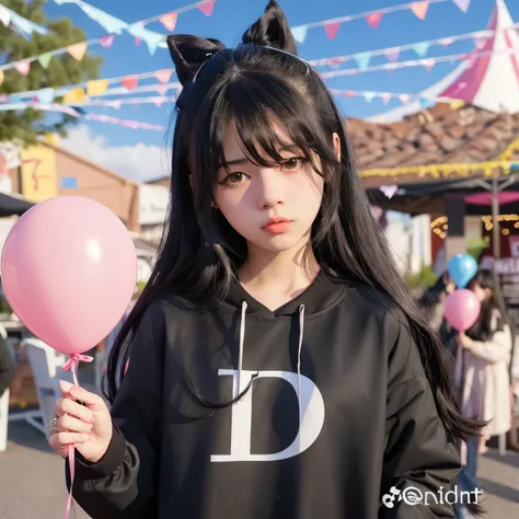 1 cute girl, in a black jacket with the letter D, long black hair, holding a pink balloon