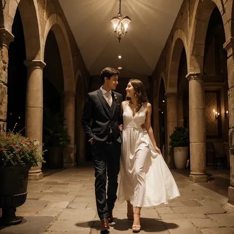 A romantic couple  in romantic place in romantic dress