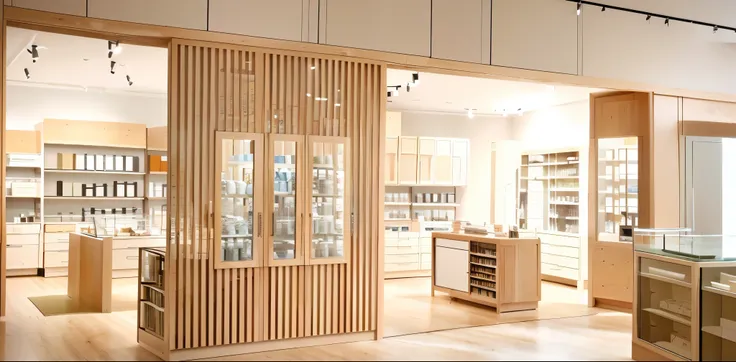 There is a shop，With glass display cabinets and wooden walls, retaildesignblog, Beautiful aesthetic design, Designed for comfortable aesthetics!, Me too, fashionable, store photos, hyperdetailed samsung store, bang olufsen, a lot of light, Exit store, ligh...