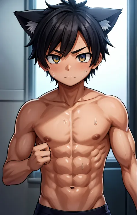 young boy, ripped abs, cat ear, sweating