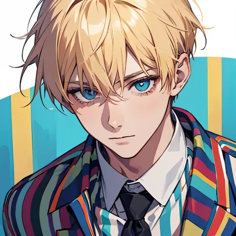 A male, Front View, slender, boy, blonde, colorful stripes shirt, happy, face focus, face close up, femboy, gay, fashionable