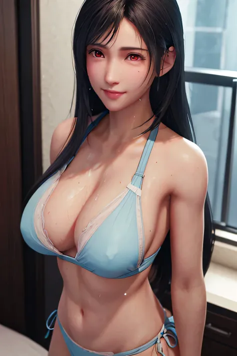 black hair,Blue Dip Die Hair,(Rear view:1.2),(Light blue bikini swimsuit:1.1),NSFW smile, blush, (Sweat, trembling:1.3),(masterpiece, highest quality:1.4),(highest quality:1.4) ,unreal engine,masterpiece, (blush smile:1.1),very detailed, intricate details,...