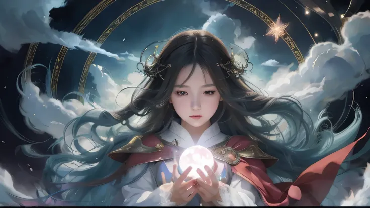 Anime girl holding a magic ball in her hand, fantasy art style, anime fantasy illustration, beautiful heaven mage, Gwaites style artwork, by ヤン・J, anime fantasy artwork, 2. 5 d cgi anime fantasy artwork, beautiful wizard, ruan jia and germ of art, germ of ...