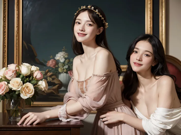 Jacques-Louis David painting style,Arguments of two female Philosophe,ath、astronomical machine、astronaut、roses in vase、fruits、Cute trinkets、smile、ancient greek costume、Sandro Botticelli paintings、Clothes that stretch your shoulders、A big smile、expression o...