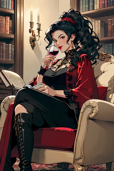 (Best Quality, 4k, 8K, high resolution, Masterpiece: 1.2), a woman ((with black curly hair secured with a high ponytail, plus size, sparkling hazel eyes, and red lips)), dressed in ((a black and red princess gown with a high-heeled boot, holding a book in ...