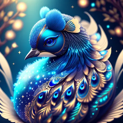 Magic  blue Peacock, Kawaii, Fluffy, Sparkling Stars Body Paint, Dream Forest, Realistic Painting, Clear Focus, 8K, Perfect Composition, ArtStation Trend, Award Winning Photos, Unreal Engine 5, Cinematic Smoothness, Intricate Details