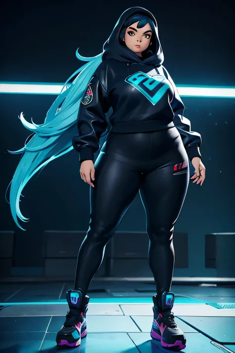 photograph of a 20 year old woman, talla extra, cara redonda, Obra maestra, Bien, sudadera de cuero azul, pelo negro, sudadera con logo deportivo, Estilo cyberpunk , animacion 3d, Estilo League of Legends 