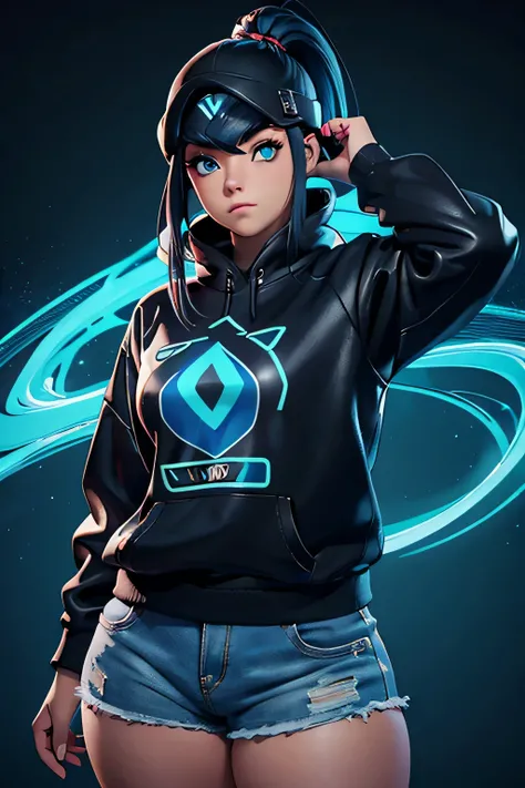 photograph of a 20 year old woman, talla extra, cara redonda, Obra maestra, Bien, sudadera de cuero azul, pelo negro, sudadera con logo deportivo, Estilo cyberpunk , animacion 3d, Estilo League of Legends 