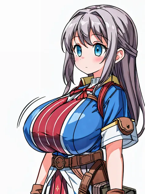 ( girl), (huge breasts:1.2), (adventurer outfit:1.5), (white background)