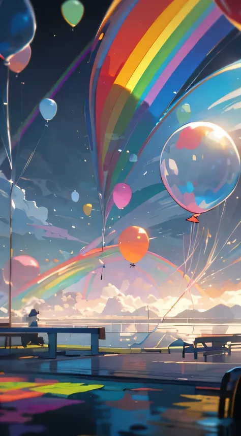 masterpiece, confused, Highly detailed balloons close up, surreal atmosphere, The glass bench in the background reflects the light like a rainbow, water with distant mountains in the background, eyegasm, Colorful for each location, Very breathtaking