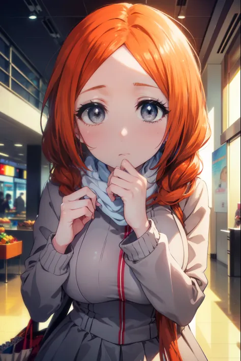 inoueorihime, inoue orihime, long hair, orange hair,braid,low ponytail (gray eyes:1.5),big breasts,blush,white long coat,gray mu...