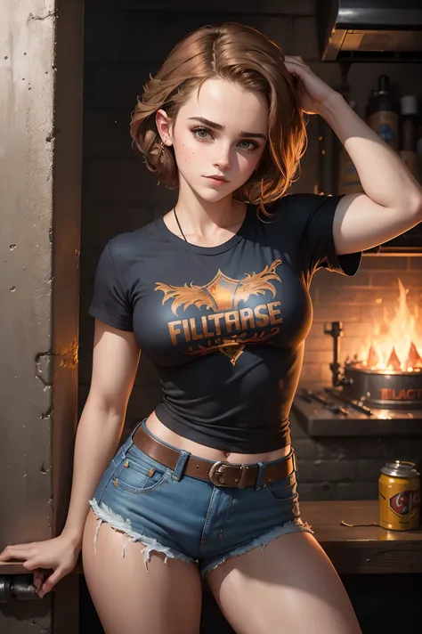 masterpiece. detailed epic fantasy oil painting of beautiful sexy teen Emma Watson as firefighter. .  detailed stylish firefighter costume, rock band shirt, denim shorts for the summer.  night. she is leaning on metal pole.  dance pose. background furnace....