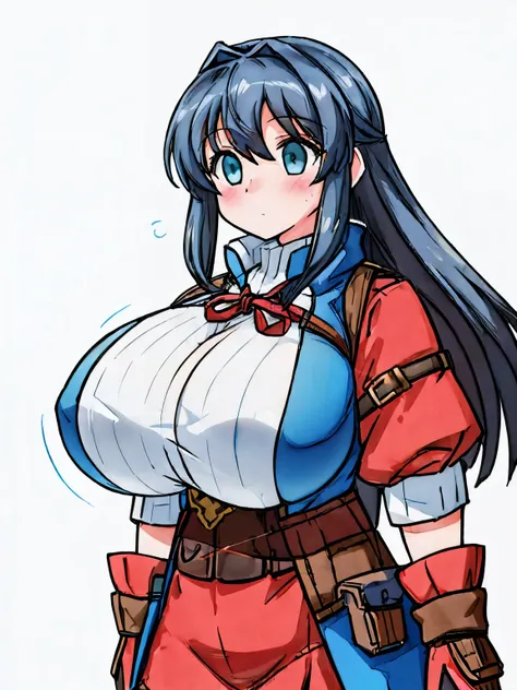 ( girl), (huge breasts:1.2), (adventurer outfit:1.5), (white background)