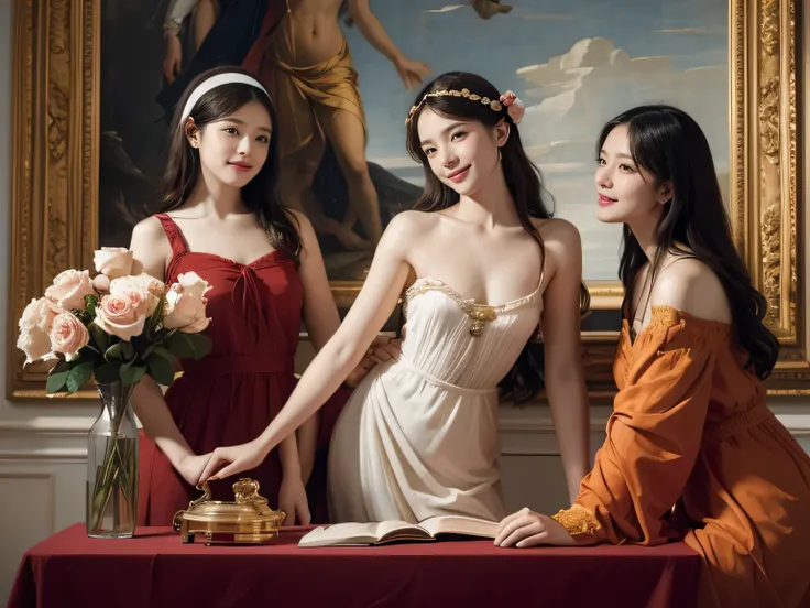 Jacques-Louis David painting style,Arguments of two female Philosophe,ath、astronomical machine、astronaut、roses in vase、fruits、Cute trinkets、smile、ancient greek costume、Sandro Botticelli paintings、Clothes that stretch your shoulders、A big smile、beautiful ba...