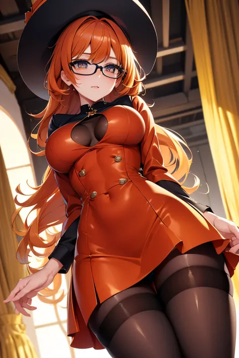 from below, best quality, 32k, RAW photo, incredibly absurdres, extremely detailed, delicate texture, intelligent and beautiful female spy agent, cold gaze, look down, standing in honor, glasses, vertically curled orange glossy hair, (wearing deep-huge bri...