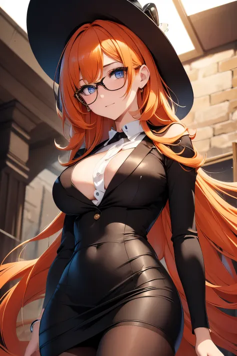 from below, best quality, 32k, RAW photo, incredibly absurdres, extremely detailed, delicate texture, intelligent and beautiful female spy agent, cold gaze, look down, standing in honor, glasses, vertically curled orange glossy hair, (wearing deep-huge bri...