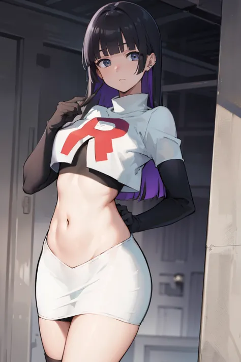 bocchipasan, pasan, black hair, blunt bangs, blunt ends, chin piercing, colored inner hair, ear piercing, (grey eyes:1.2), hime cut, long hair, medium bangs, multicolored hair, piercing, purple hair,
BREAK team rocket,team rocket uniform,white skirt,red le...