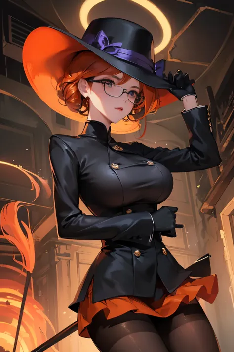 best quality, 32k, RAW photo, incredibly absurdres, extremely detailed, delicate texture, intelligent and beautiful female spy agent, sharp face outline, cold gaze, look down, glasses, vertically curled orange glossy hair, (wearing deep-huge brimmed hat, c...