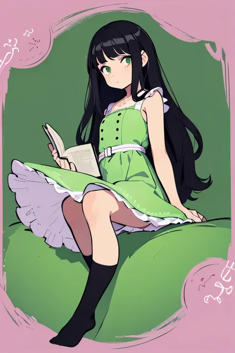 1 girl, pretty girl, finely, (highest quality), (intricate details), cute style, ,((pastel green dress)), book reading style, colorful, ((long black hair)), highest quality, , ((white socks)), ((round eyes)), beautiful face, cute face, pin up, perfect face...