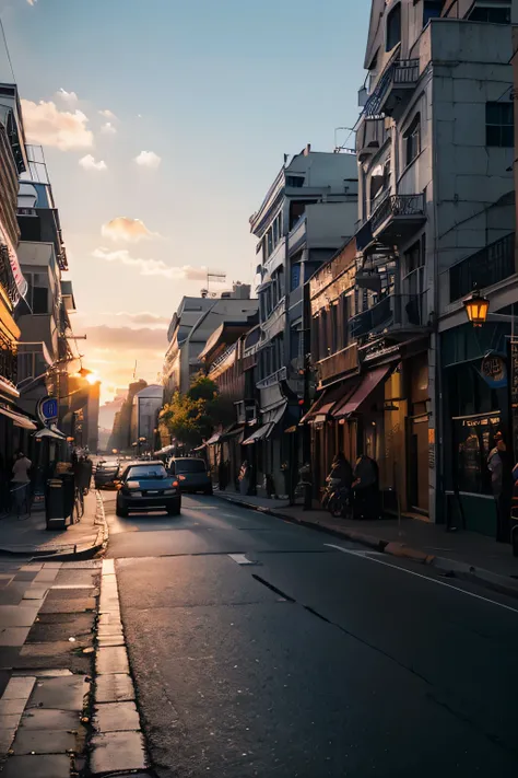 city street in sunrise, 8k, ultra detail, amazing lighting, hyperreality photo, cool tones