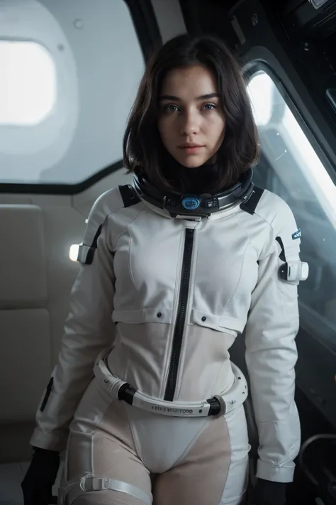 photo of a woman, in space, futuristic space suit, (freckles:0.8) cute face, sci-fi, dystopian, detailed eyes, black eyes , hair black