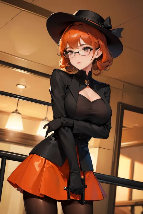 best quality, 32k, RAW photo, incredibly absurdres, extremely detailed, delicate texture, intelligent and beautiful female spy agent, sharp face outline, cold gaze, look down, glasses, vertically curled orange glossy hair, (wearing deep-huge brimmed hat, c...