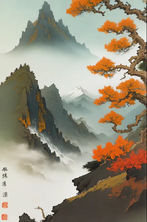 mountainous landscape,traditional chinese painting style,calm and serene atmosphere,waterfall cascading down the mountains,ancie...