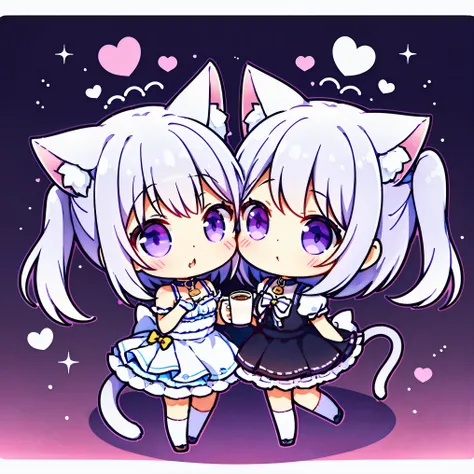 2 girls,twins,chibi,cat ears, kiss,Yuri, coffee cup,Symmetrical posture, tail, rubbing head, in a cup,speak from the heart,purple eyes,white hair