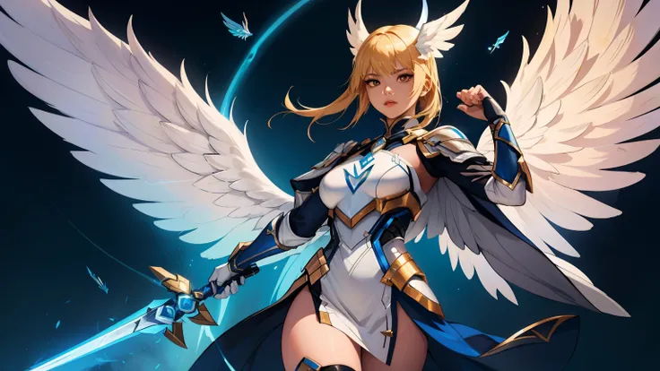 Whole body picture, Saber skin of Rafaela from mobile legends bang bang, with long blonde hair, mechanical wings, magic wand