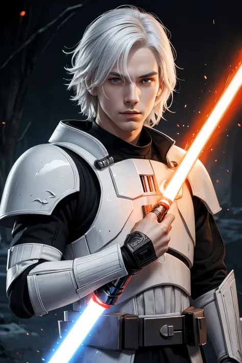 portrait of young man, white hair, white skin, sith, using a fire orange lightsaber in your right hand, star wars character, ultra detailed, hand correct, black armor
