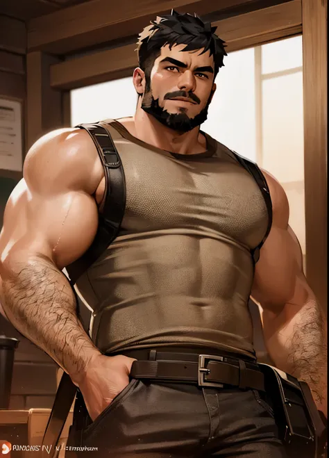 Masterpiece, Best Quality, Ultra-Detailed, 1man, solo, hunk, bara, jock, muscular, black hair, black beard, chin beard, mustache,  there is a man with a beard and a brown flowered sleeveless shirt, attractive beefy male, muscular character, rugged male, ha...