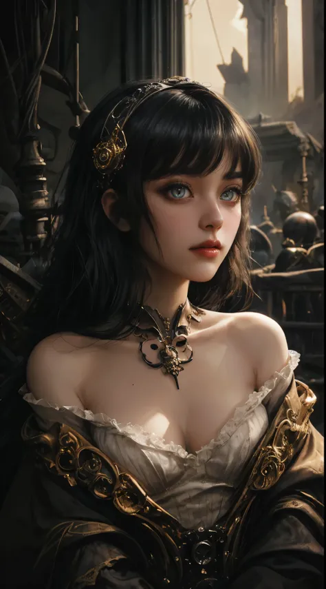 Machine doll girl, (((very super realistic))), (((very realistic and accurate eye))), Victorian Rococo Cyberpunk Gothic Lolita machine, mirror polished steampunk, skeleton body, neon glowing, decadent surrealism, excessive steampunk, intricate machine wing...