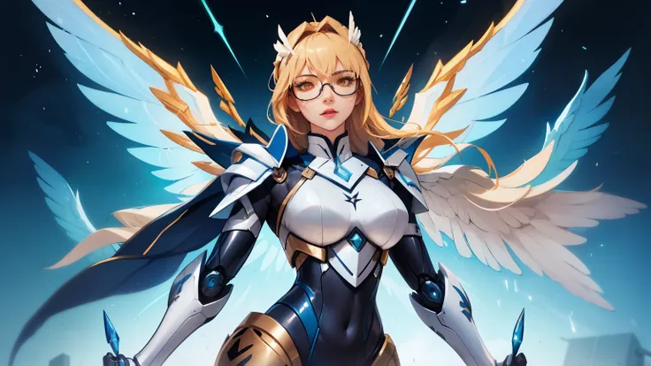 Whole body picture, Saber skin of Rafaela from mobile legends bang bang, with long blonde hair, mechanical wings, magic wand, robot glasses