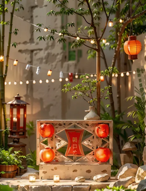 chinese red lantern festival, night，lanterns hanging in the air，there are many lanterns hanging around，surrounded by a warm and ...