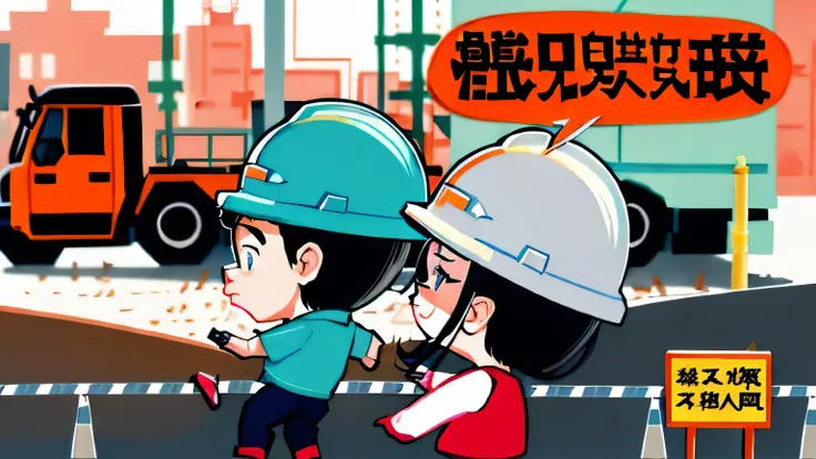 cartoon of a man and a woman in construction gear walking past a construction site, (SFW) Work, Chiba Yudai, by Qu Leilei, a cartoon, cartoon illustration, Interesting illustration, Available images, cartoon image, cartoon,  8k, 